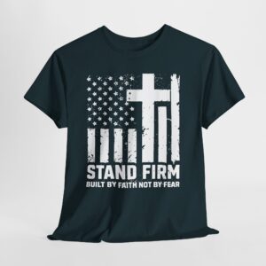 Christian graphic T-shirt with cross and distressed American flag design