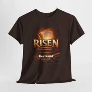 Risen Restored Tee – Front view with Christian resurrection graphic
