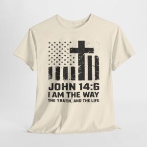 Christian cross T-shirt with distressed American flag and John 14:6 scripture