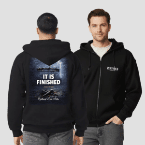 Christian Full-Zip Hoodie – It Is Finished Bible Verse Sweatshirt