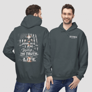 John 14:6 Christian hoodie restored faith distressed American flag graphic