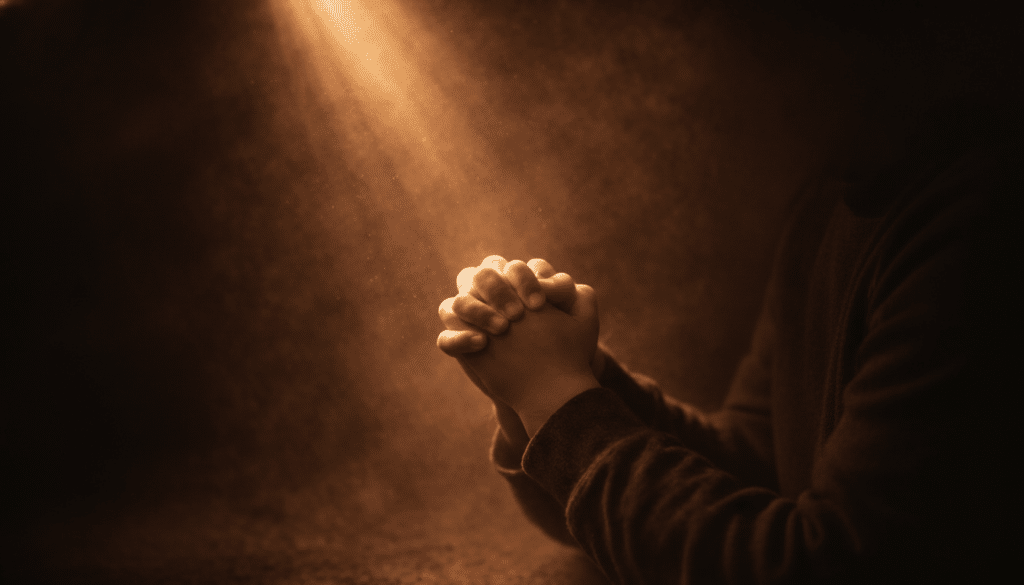 Parent teaching a child to kneel and pray to God during difficult times