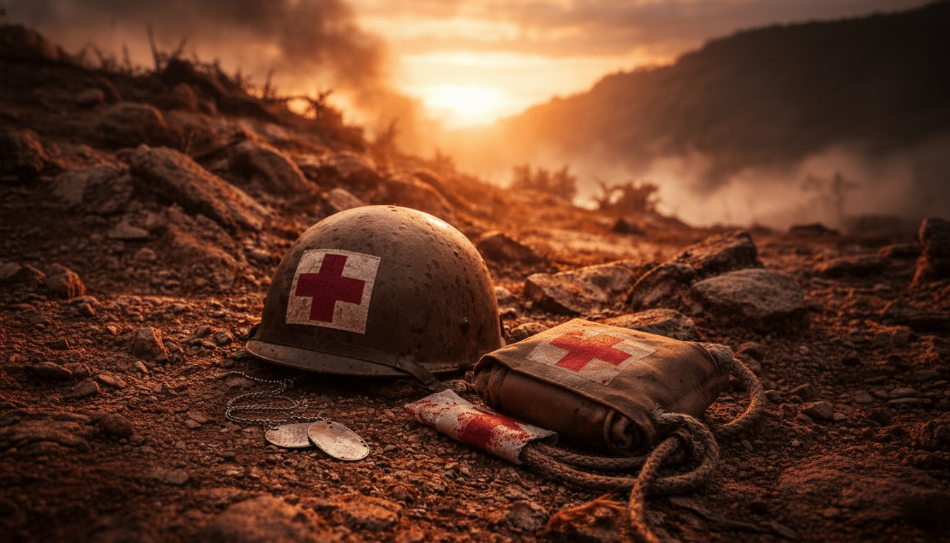 man who refused to carry a weapon rescuing wounded soldiers at Hacksaw Ridge