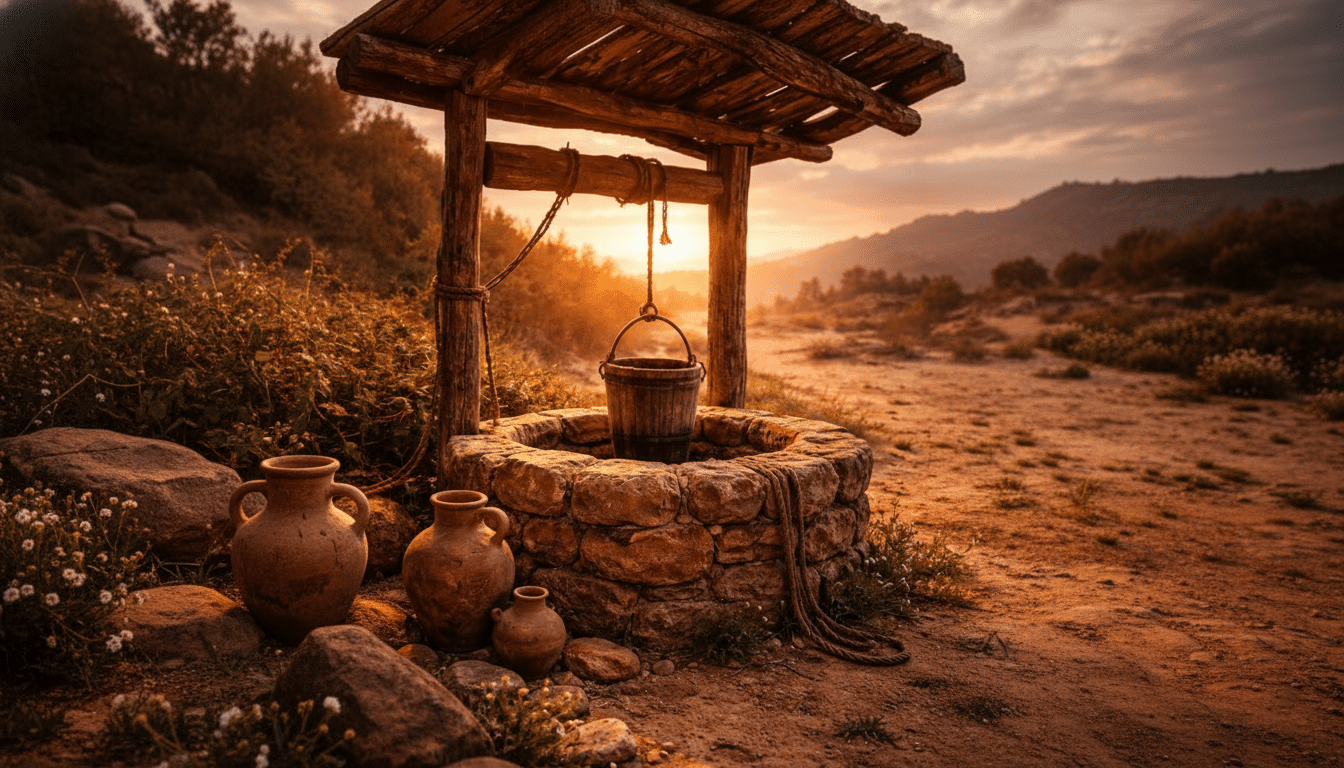 Jesus speaking to the Samaritan woman at the well offering living water and grace