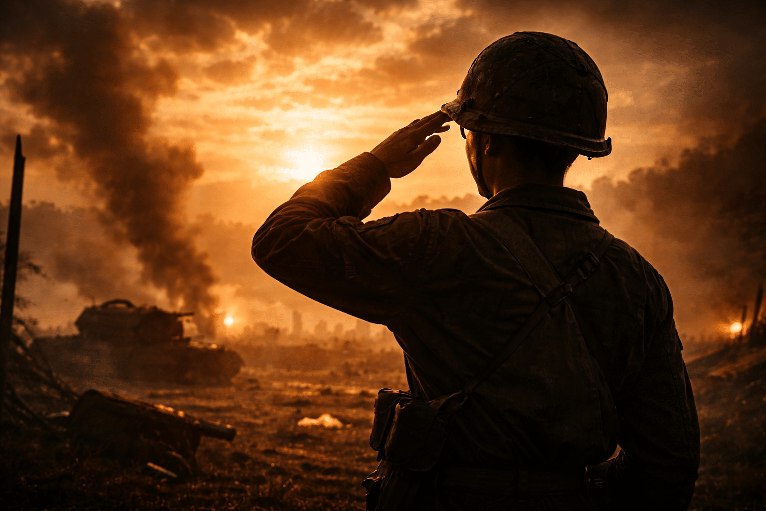 Audie Murphy standing alone symbolizing inner battle, trauma, and strength after war