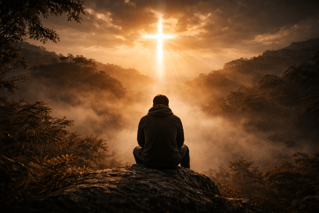 person sitting alone feeling empty but hopeful finding purpose through faith