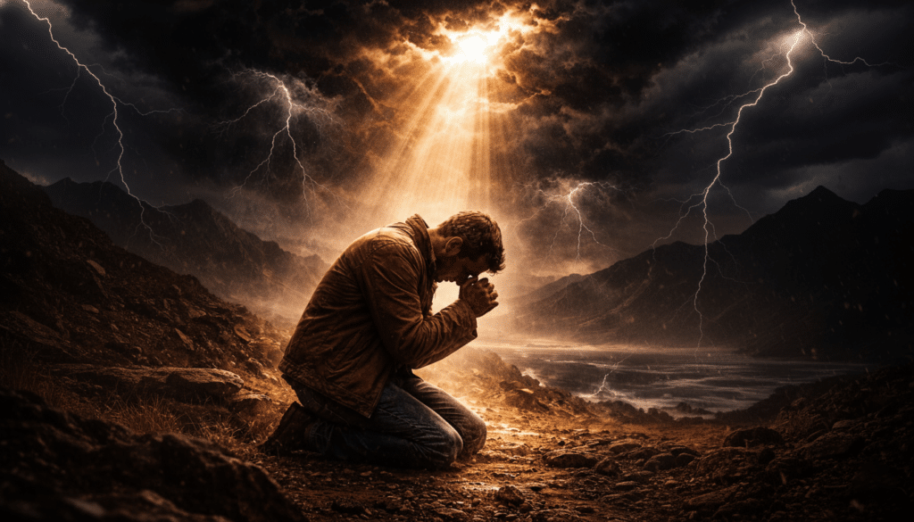person in darkness finding hope and strength in God during hard times