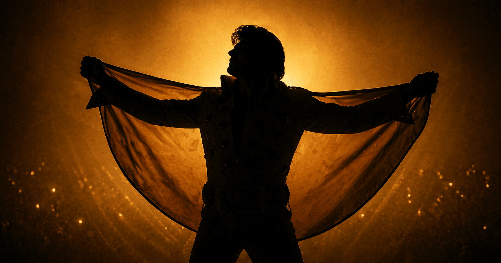 Elvis Presley performing on stage with a spotlight showing contrast between fame and inner struggle
