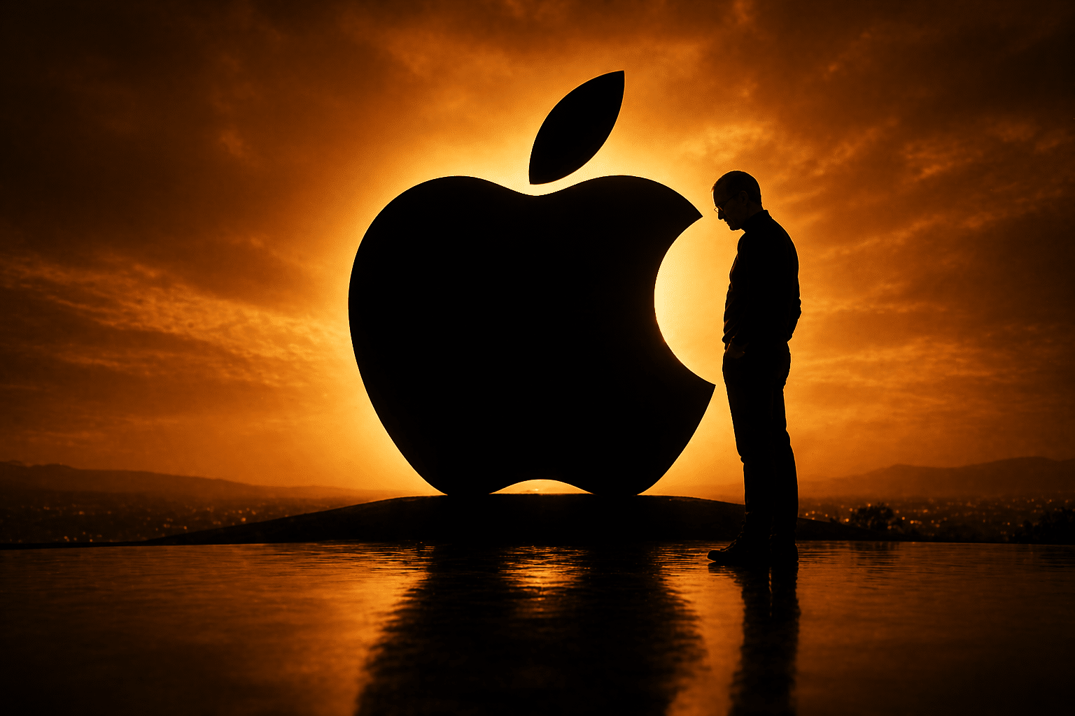 Steve Jobs silhouette in black turtleneck symbolizing success, innovation, and inner struggle