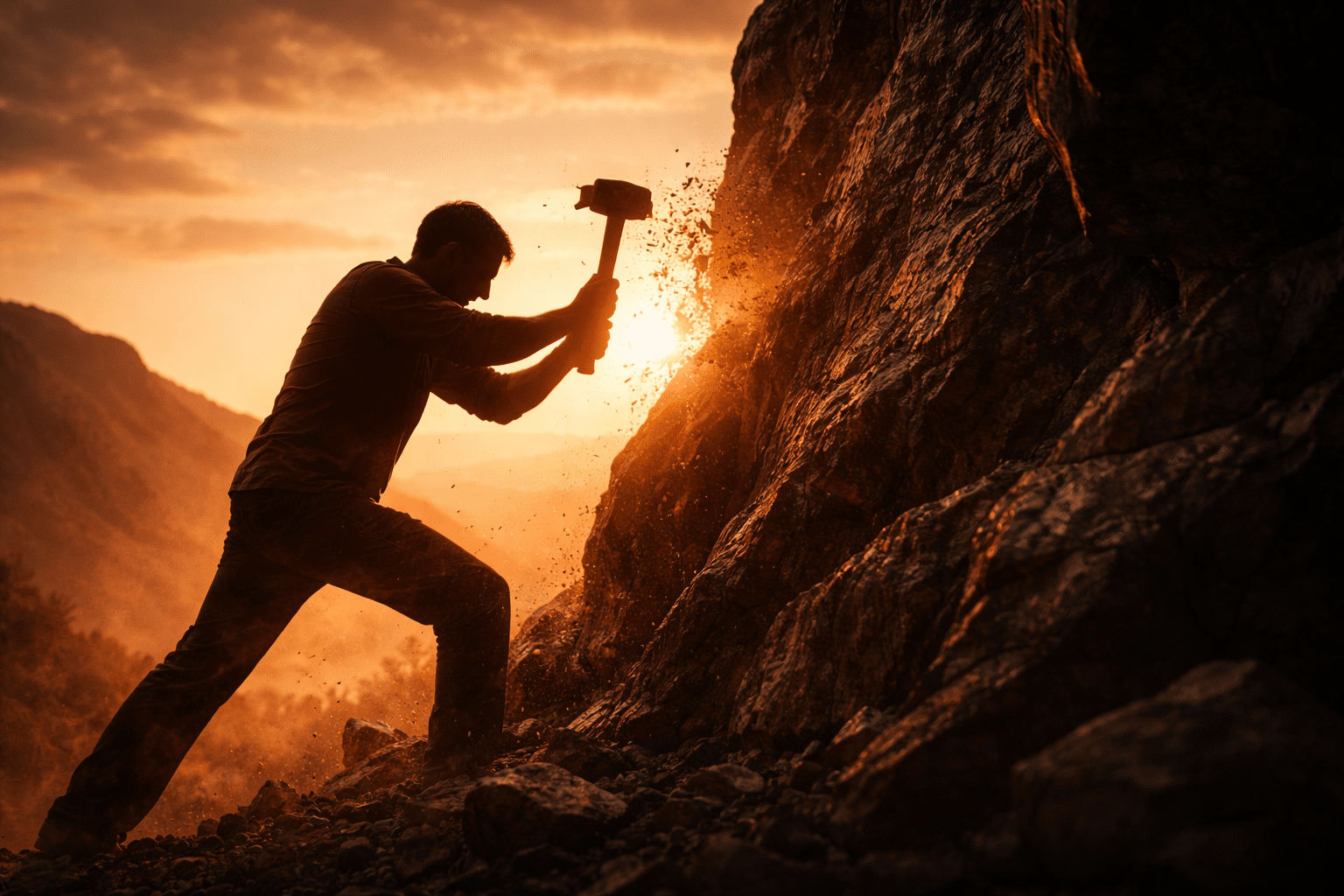 Dashrath Manjhi breaking a mountain with hammer and chisel showing determination