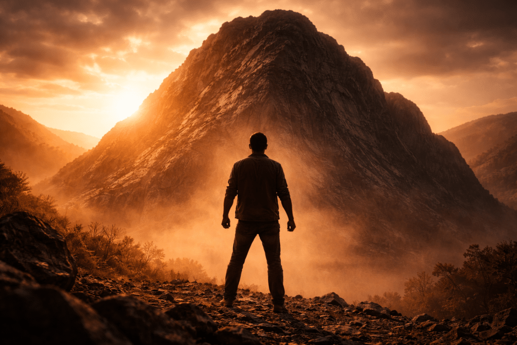 person facing a large mountain symbolizing life challenges and faith