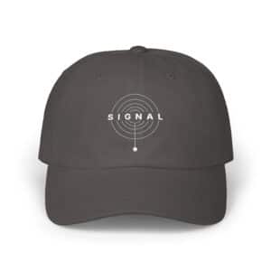 Signal camo dad cap with distressed radio-inspired embroidery