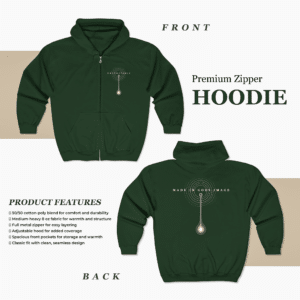 Made in God’s Image Zip Hoodie with minimal gold Christian graphic on black full-zip sweatshirt