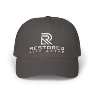 Restored Life camo dad cap with embroidered front emblem