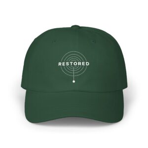 Restored camo dad cap with embroidered front detail
