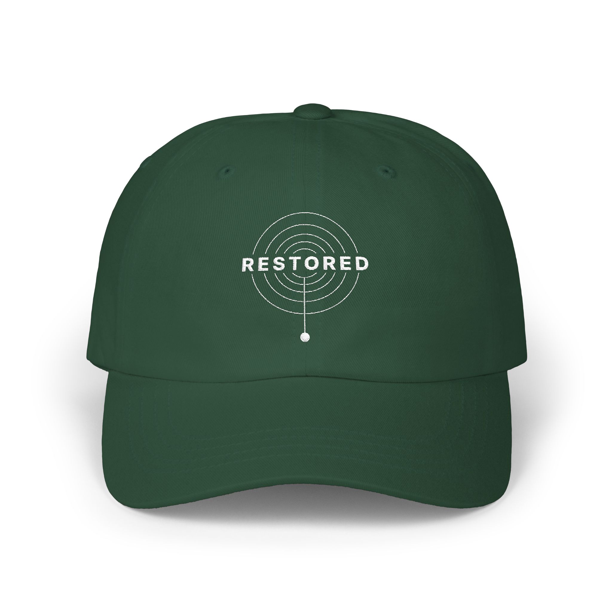 Restored camo dad cap with embroidered front detail