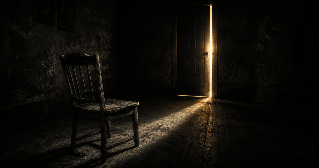 Empty chair beside a dinner table symbolizing grief loss and hope after death