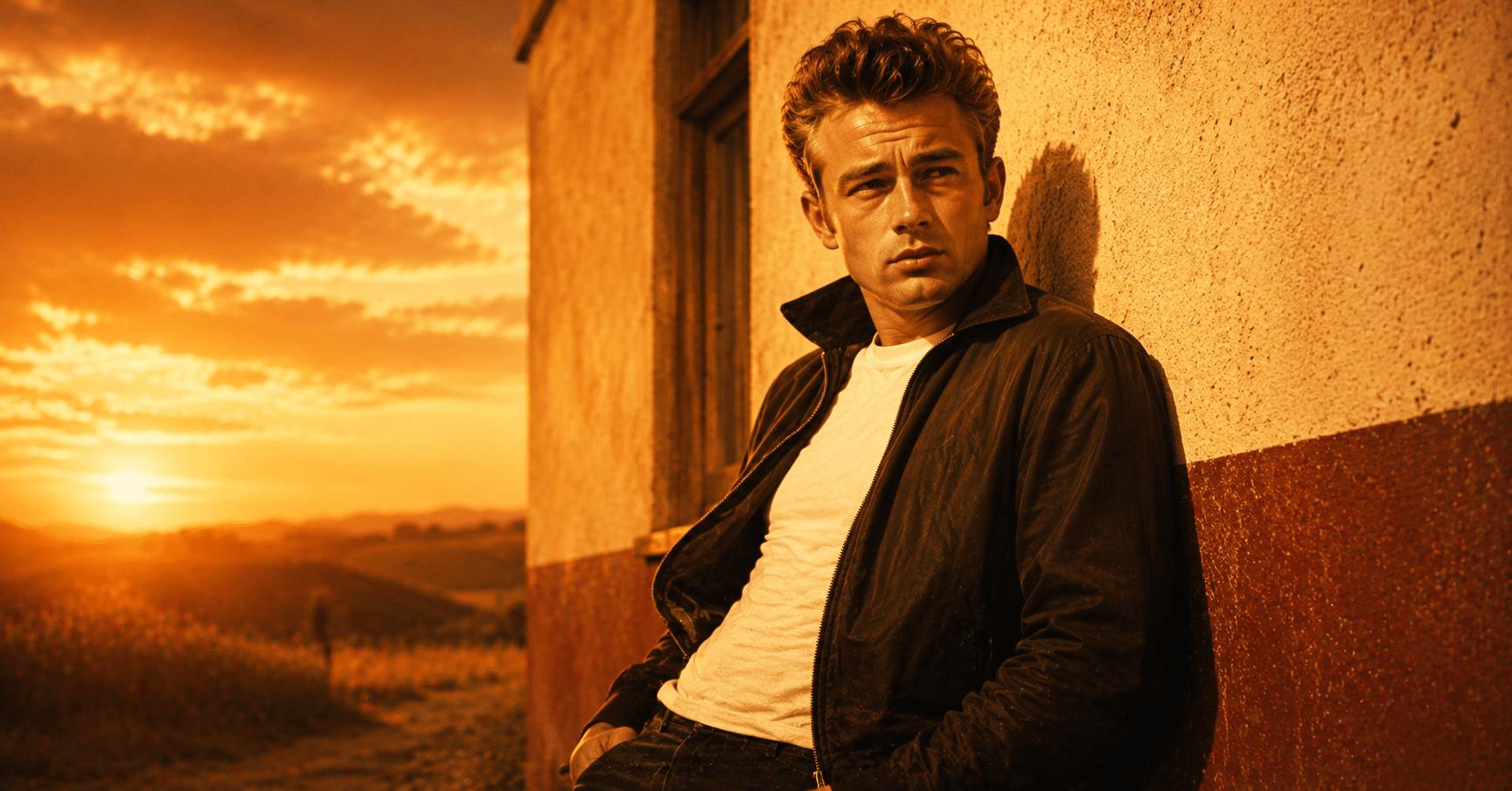 James Dean rebel icon wearing a leather jacket and standing beside a classic car with a timeless Hollywood atmosphere