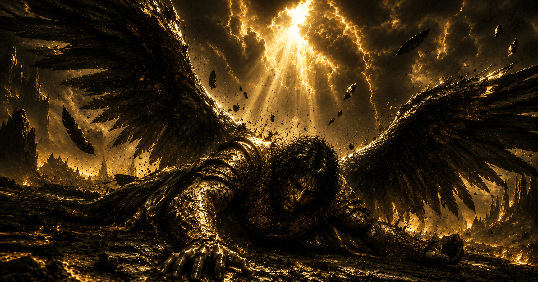 Dark fallen angel symbolizing Lucifer's fall and spiritual warfare