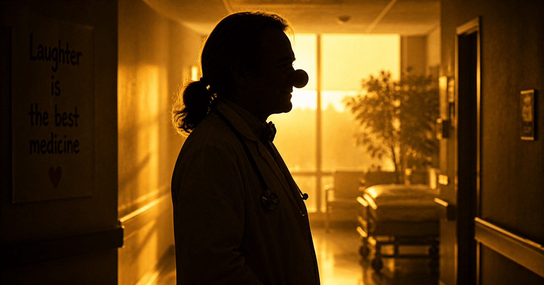 Patch Adams wearing a red clown nose bringing joy to hospital patients