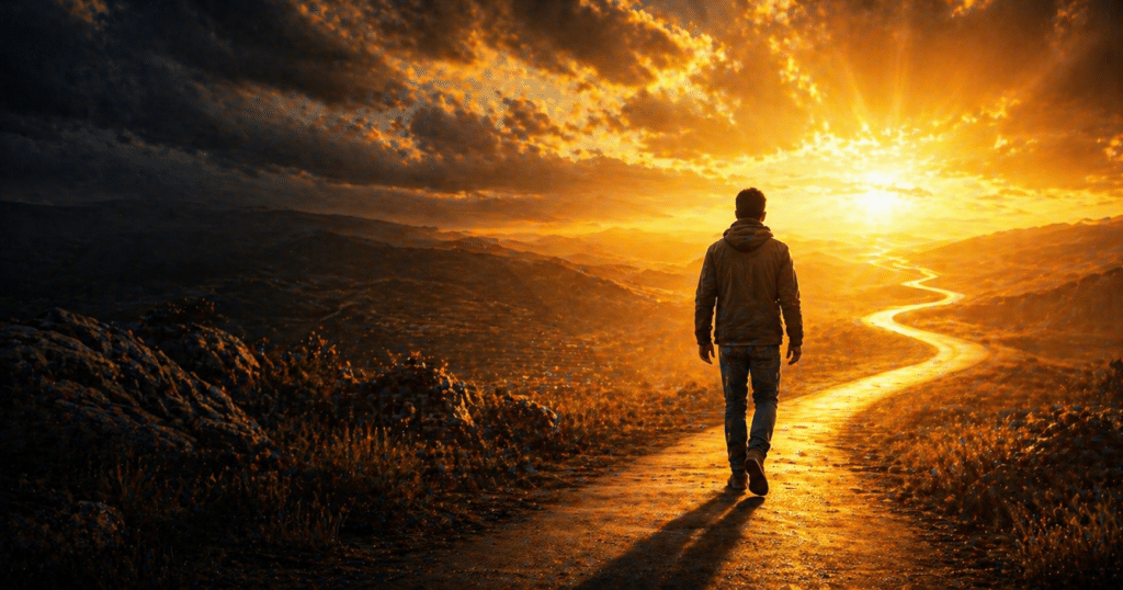 person walking forward in fog trusting God despite unclear path and uncertainty