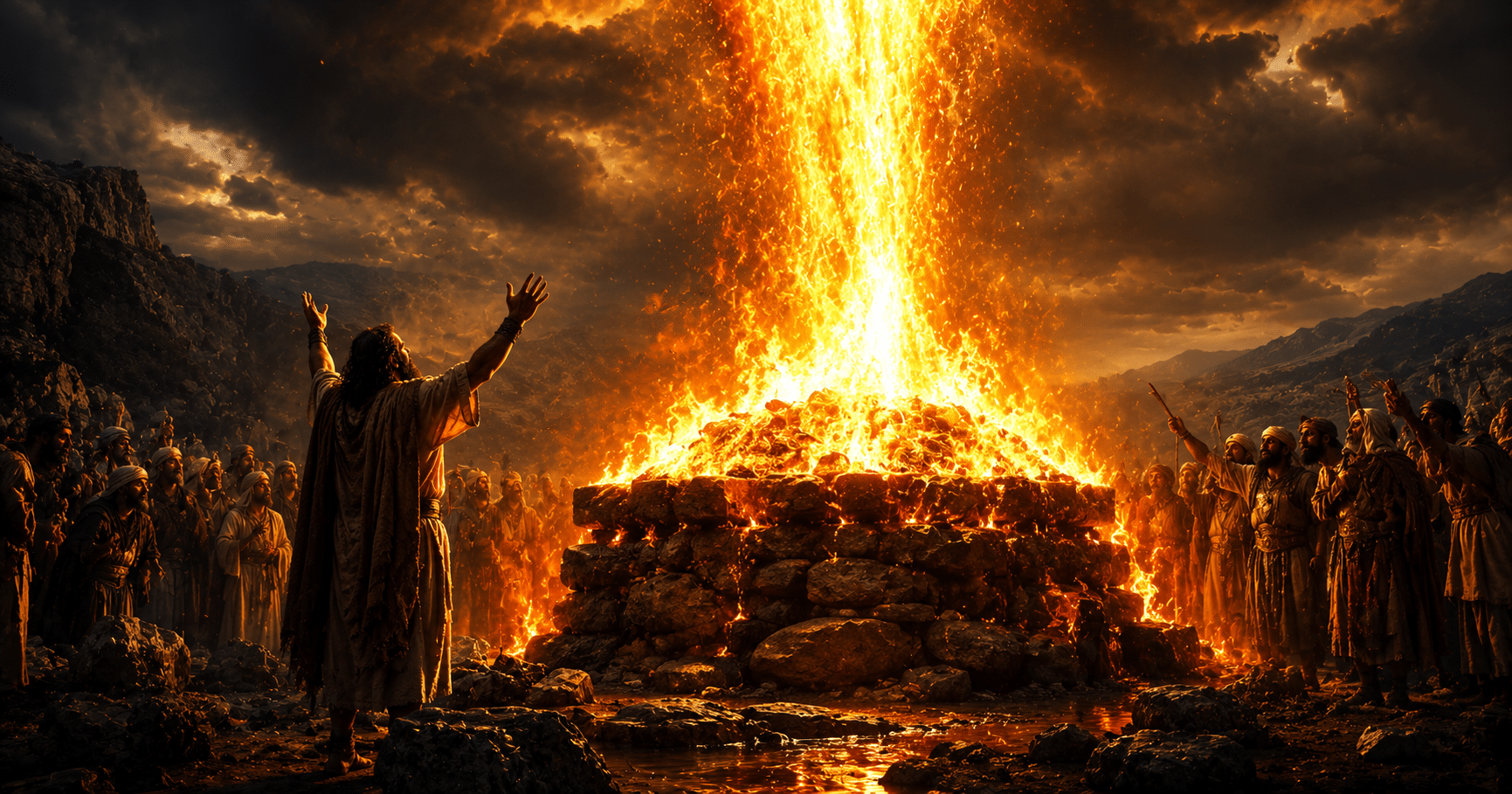Prophet Elijah calling fire from heaven on Mount Carmel before the prophets of Baal