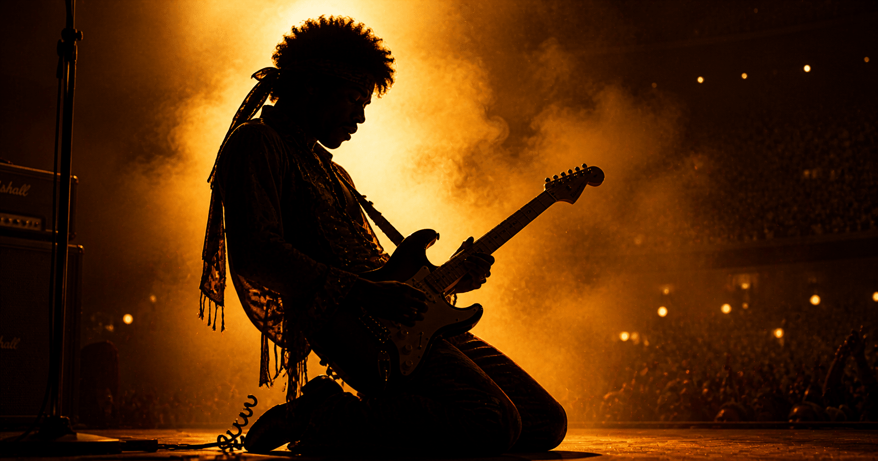 Jimi Hendrix performing passionately on stage with electric guitar