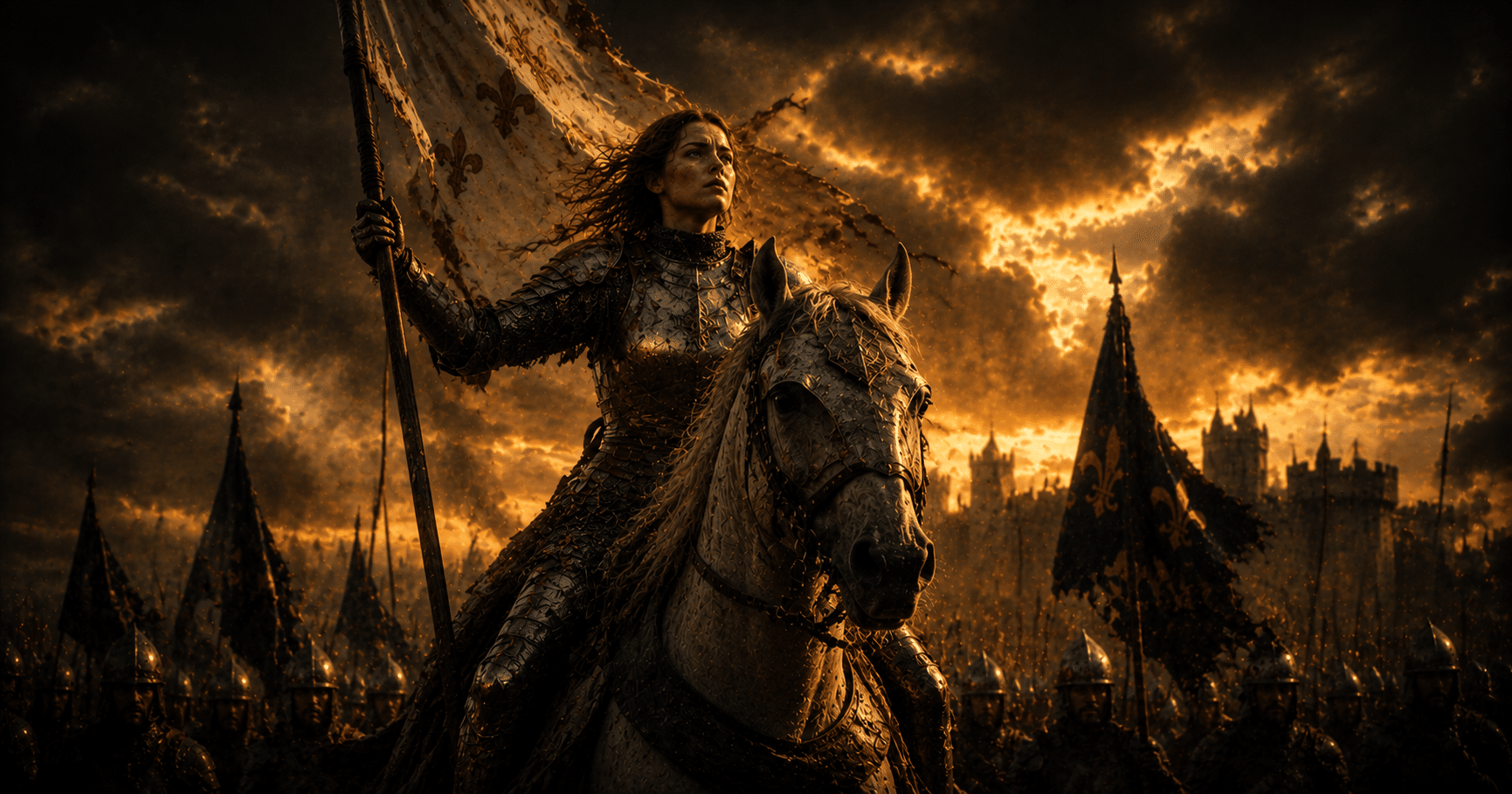 Joan of Arc standing in armor surrounded by fire and battlefield chaos symbolizing Joan of Arc legend