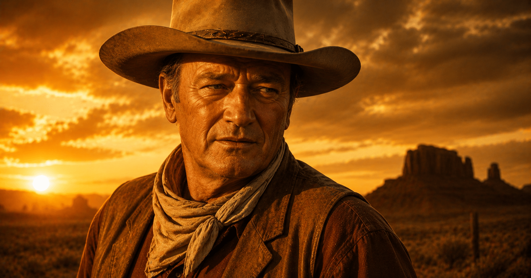 John Wayne American giant standing confidently in western clothing beneath a dramatic sunset symbolizing courage and strength