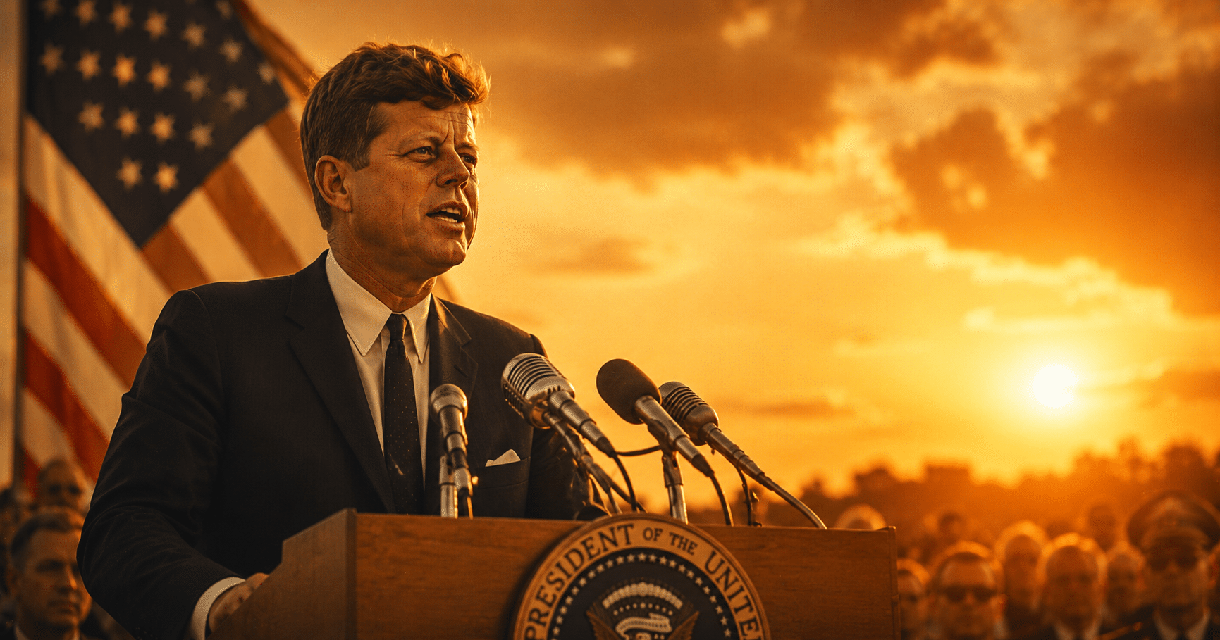 John F. Kennedy standing confidently during the Cold War era with an American flag behind him