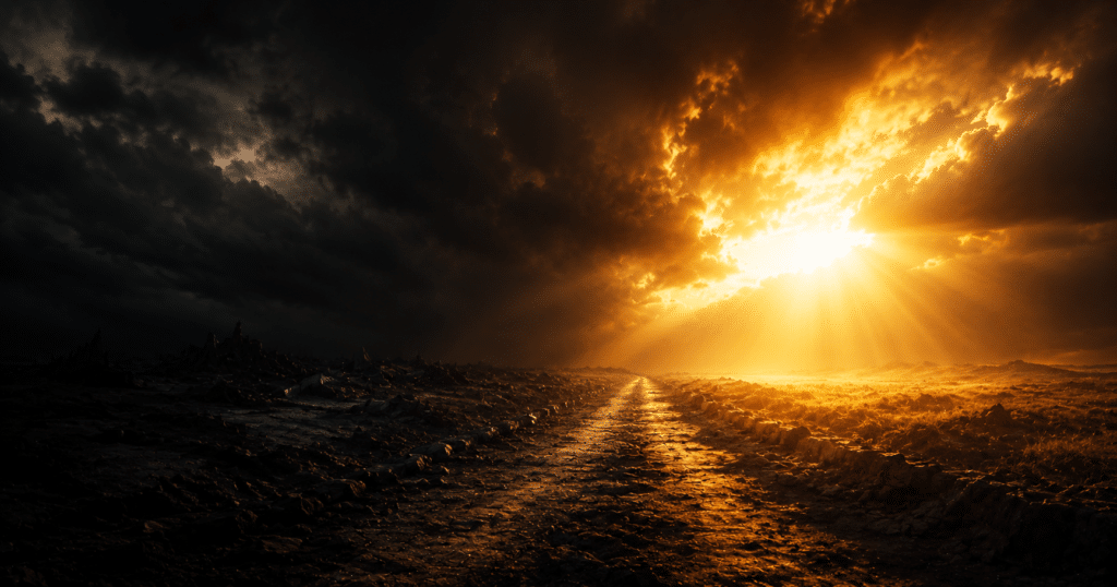 A person walking from deep darkness toward a bright cross showing darkness cannot lead you to light