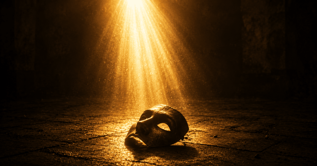 A dark figure standing beneath heavenly light as hidden truths are revealed before God