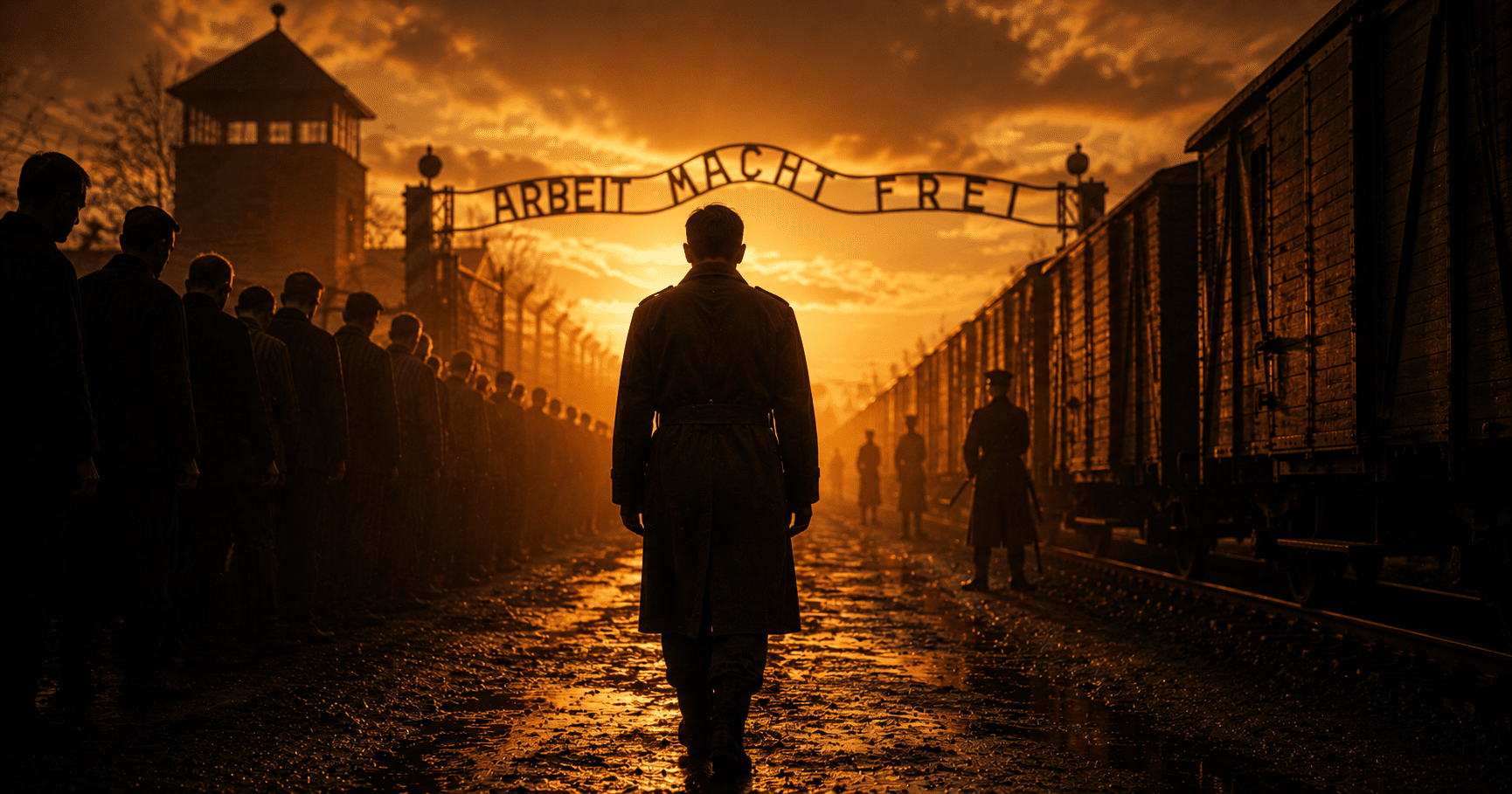 Witold Pilecki standing near Auschwitz barbed wire during World War II with a dark and dramatic atmosphere