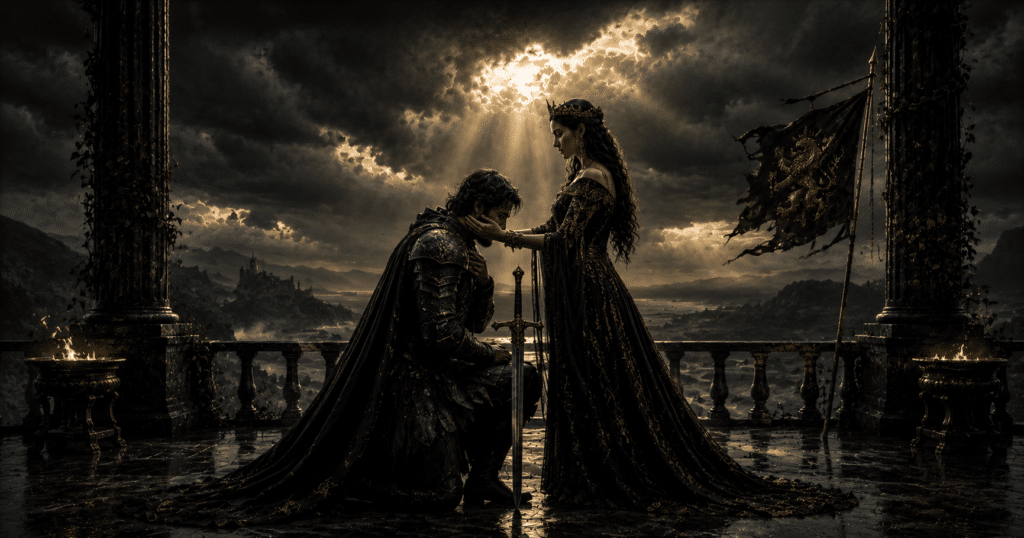 Man standing protectively beside the woman he loves during a storm