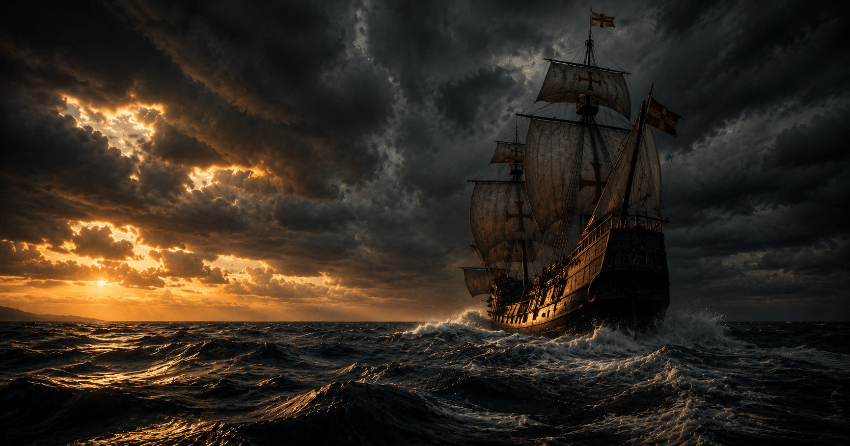 Ancient ships sailing across a dark ocean symbolizing men who sailed into darkness toward the unknown