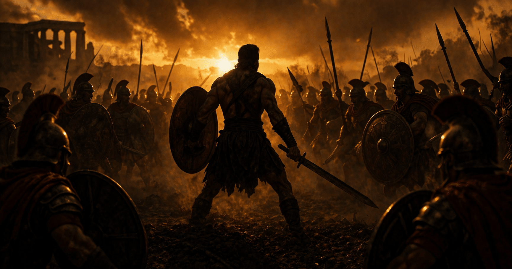 Spartacus standing strong in chains symbolizing resistance, courage, and fight for freedom