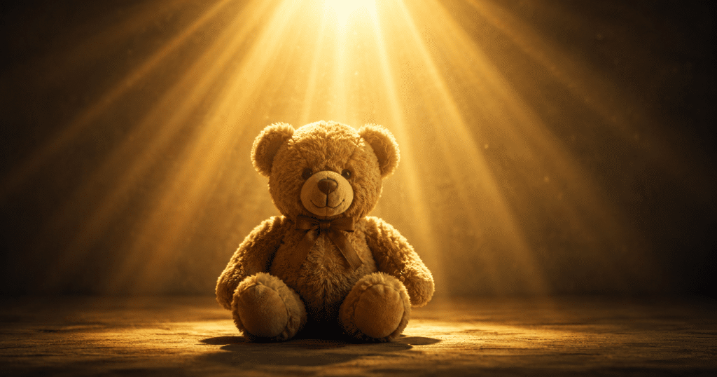 A child standing in warm sunlight with a protective heavenly presence symbolizing God’s care and innocence