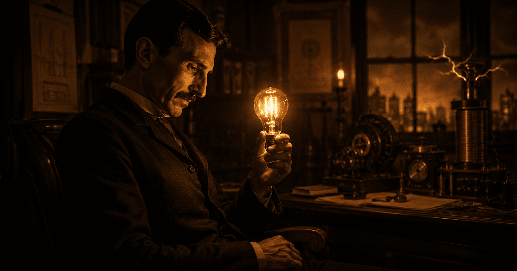 Nikola Tesla standing in a room glowing with electricity symbolizing Nikola Tesla genius and innovation