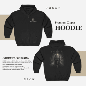 Darkness Knight Zip Hoodie featuring warrior helmet graphic and embroidered Restored Armor logo