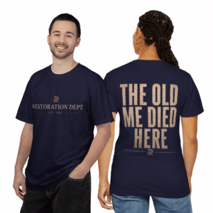 Restoration Dept T-Shirt with The Old Me Died Here vintage graphic print on heavyweight garment-dyed cotton tee