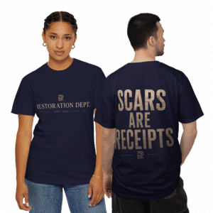 Scars Are Receipts T-Shirt featuring Restoration Dept artwork. Heavyweight garment-dyed cotton graphic tee with a vintage look and relaxed fit.