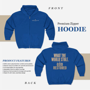 What the World Stole God Restored Zip Hoodie with Restoration Dept Christian graphic design