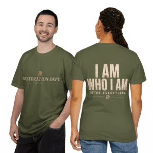 I Am Who I Am T-Shirt with inspirational graphic message and Restoration Dept design