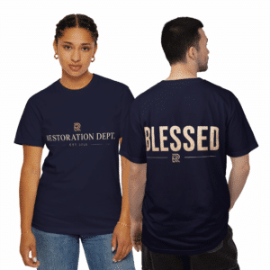 Blessed Christian T-Shirt with Restoration Dept logo and bold BLESSED back graphic on olive garment-dyed cotton tee