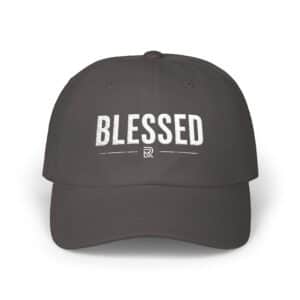 Blessed Camo Dad Cap with embroidered BLESSED lettering on camouflage baseball hat with adjustable strap