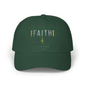 Faith Cross Dad Cap with embroidered Christian faith design and cross symbol in forest green cotton