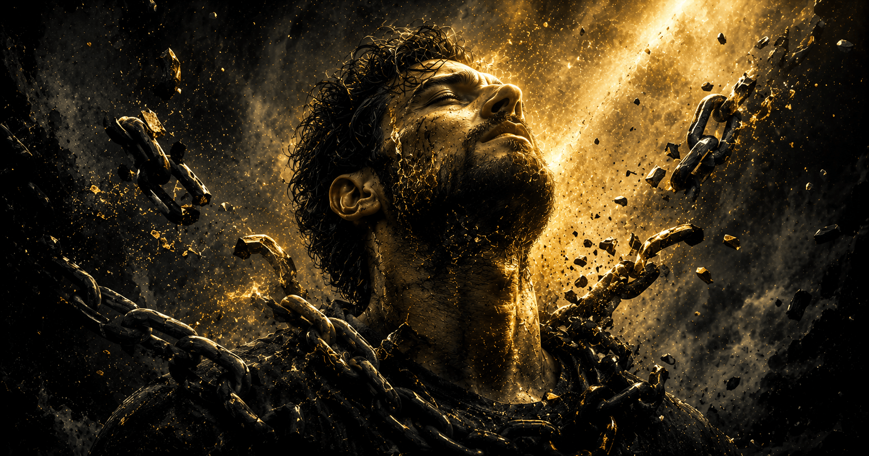 Person breaking free from chains through faith in Christ, symbolizing biblical freedom from addiction, healing, restoration, and spiritual victory