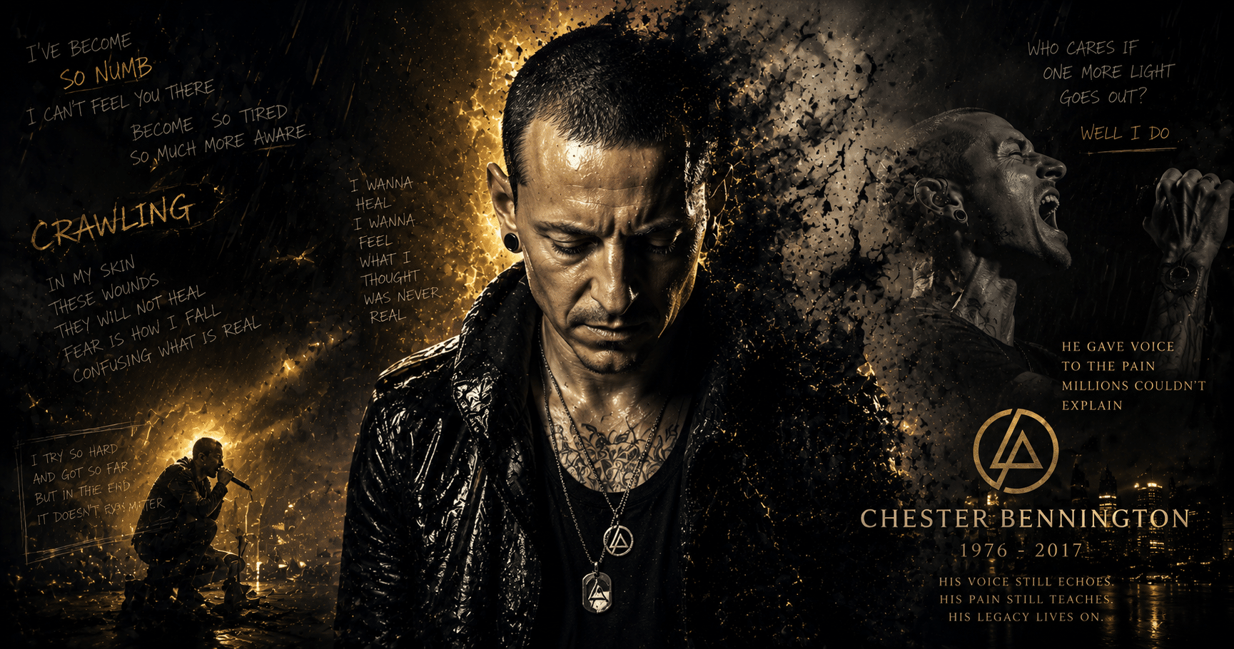 Chester Bennington performing on stage with deep emotion, symbolizing his struggle with trauma, depression, and the healing power of music.