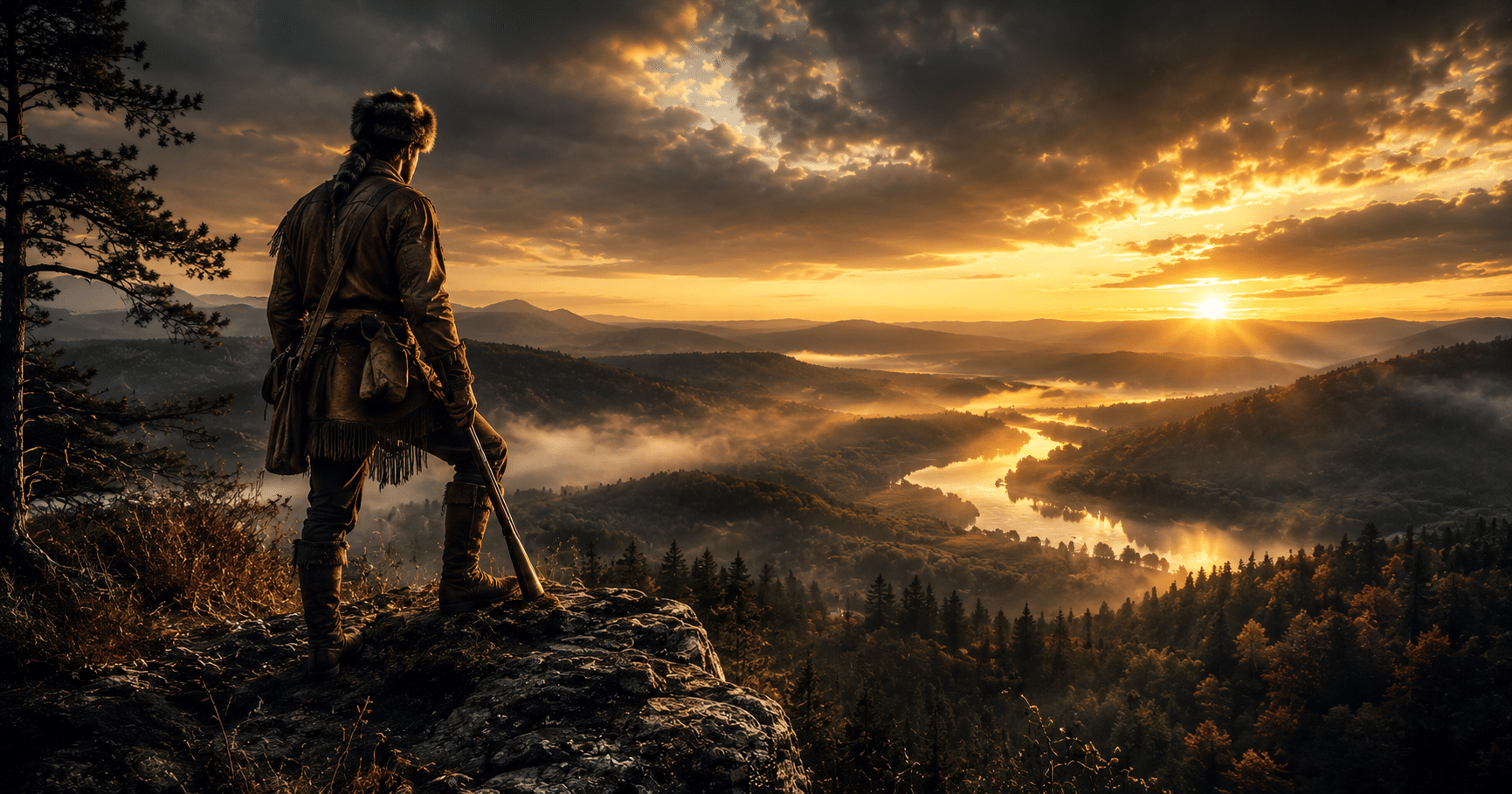 Daniel Boone crossing rugged wilderness terrain, symbolizing perseverance, courage, frontier exploration, and determination.