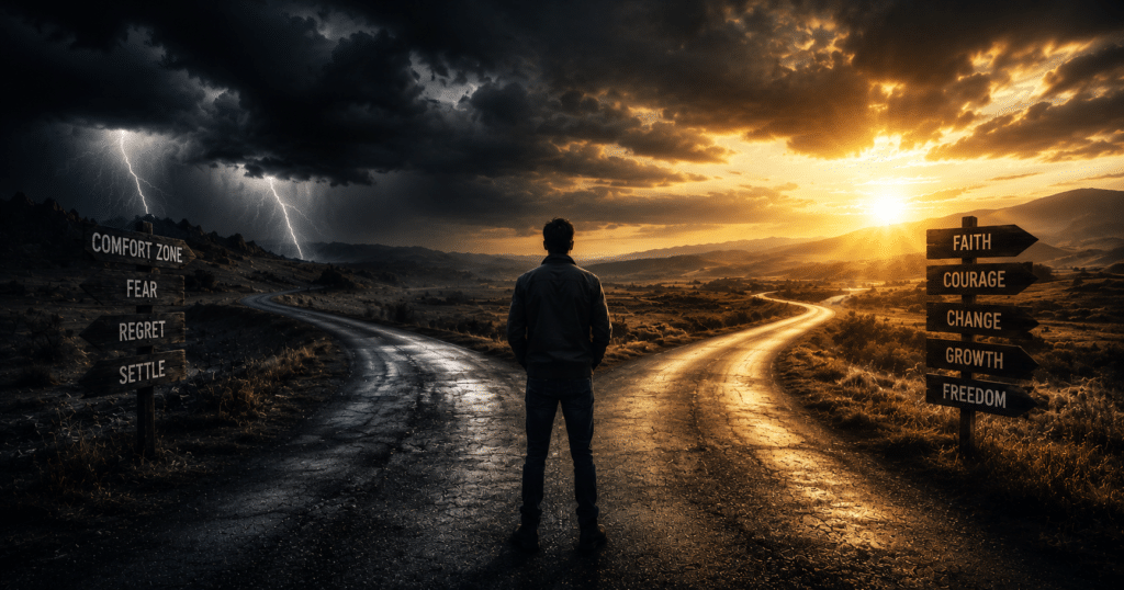 A traveler standing at a crossroads choosing a new path, symbolizing personal growth, faith, courage, and life-changing decisions.